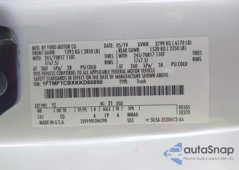 2019 Ford F-150 Xl z USA, uszkodzony, nr VIN 1FTMF1CBXKKD86890